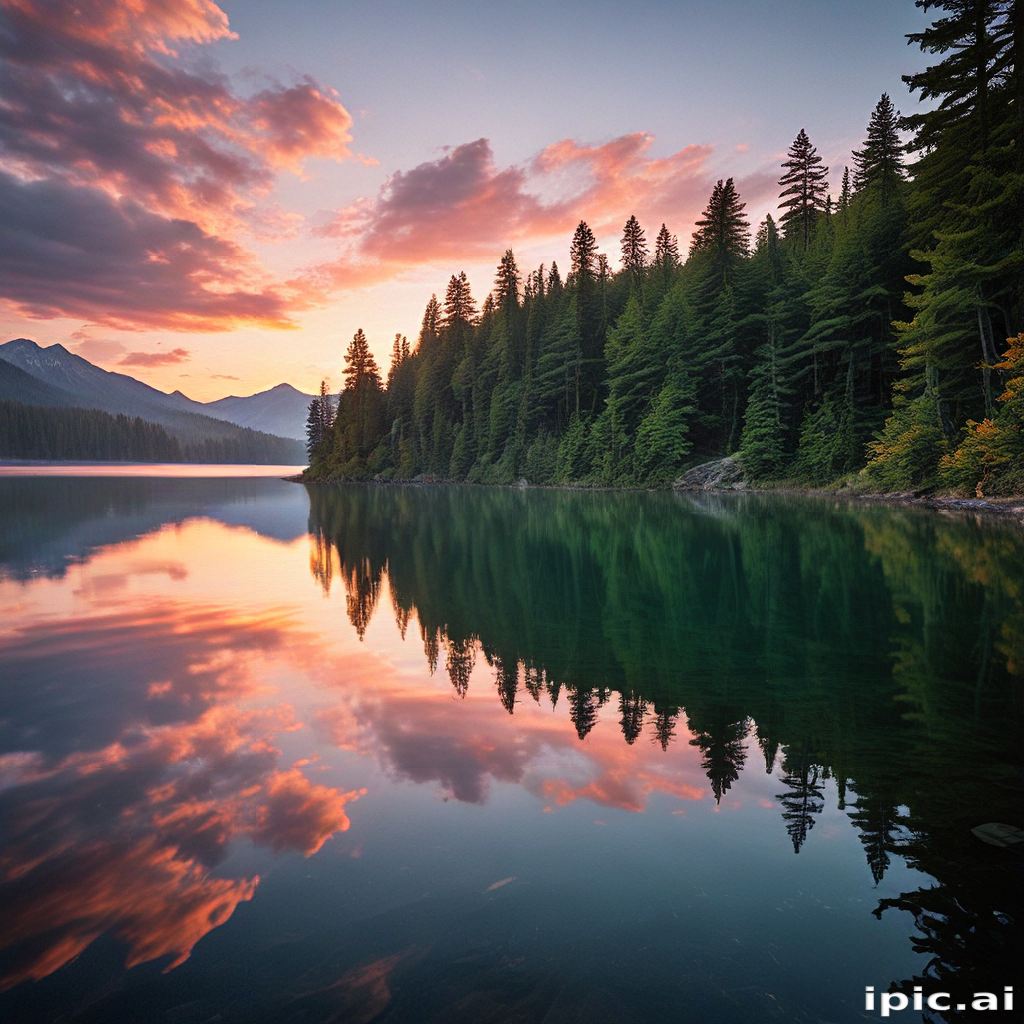 Tranquil Sunset Over Serene Lake Surrounded by Majestic Pine Trees