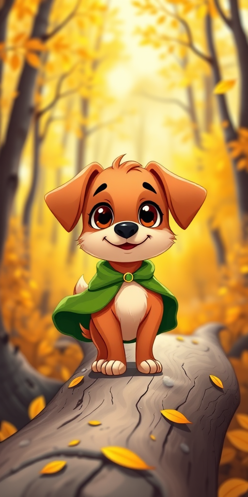 Create a whimsical illustration of a cute cartoon dog with big eyes and an orange-brown fur coat wearing a green cape, standing on a wooden log in a vibrant autumn forest with golden leaves and a bright sun in the background, using a DSLR camera with a 50mm lens, f/2.8 aperture, ISO 100, and a shallow depth of field for a soft background blur, capturing a bright and cheerful scene in a painterly style.