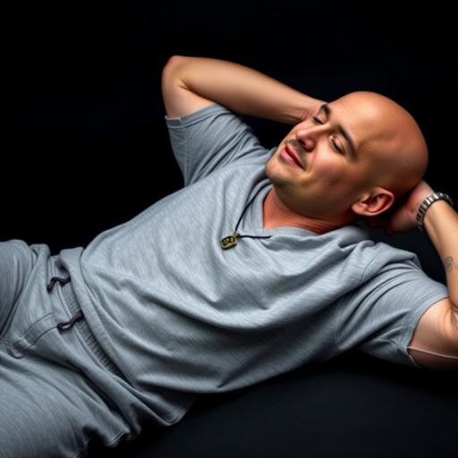 Create a high-resolution image of a bald man lying on his side with a relaxed expression, wearing gray sweatpants and a necklace, captured with a Canon EOS R5, 50mm lens, f/1.8 aperture, ISO 100, 1/200s shutter speed, in a studio setting with a softbox for even lighting.