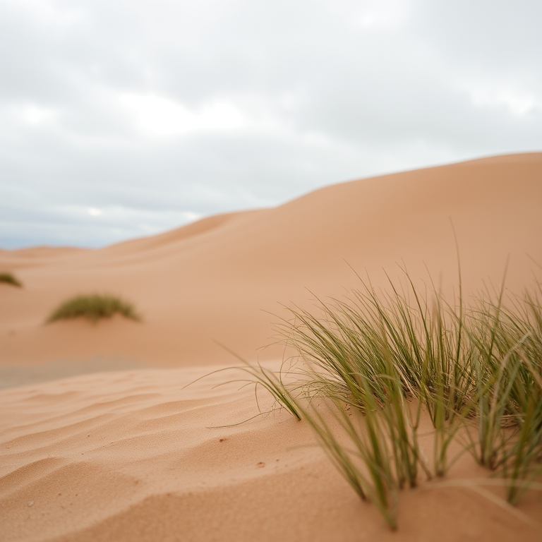 desert landscape with sandy dunes, overcast sky, focus on textures of sand and grass, taken with a DSLR camera, 35mm lens, aperture f/11, ISO 200, 1/200 sec shutter speed, wide-angle view for depth and detail