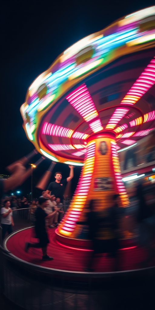 Blurry, fast-paced image of a carnival ride spinning at night, colorful lights flashing in the darkness, the distant sound of laughter and music filling the air, people in the background watching the ride, soft shadows cast by the spinning lights.