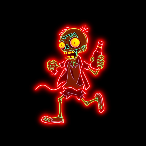 Create an image of a neon sign featuring a cartoon-style zombie in a dynamic pose, holding a bottle. The neon sign should glow in red against a dark background, making the character stand out prominently. The character should appear to be running, capturing attention with its vibrant color and action pose, perfect for advertising or decorative purposes.