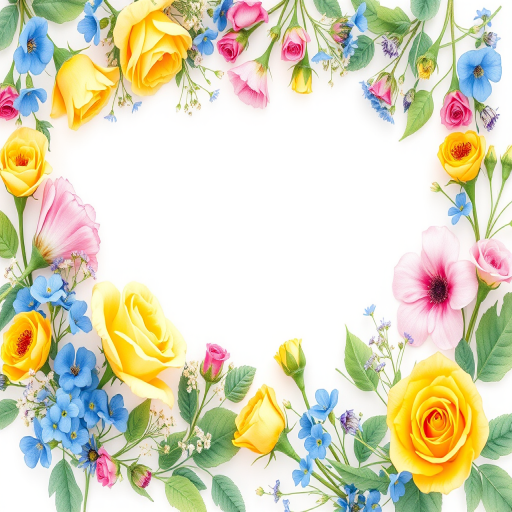 Create a vibrant watercolor floral frame with yellow roses, pink and blue flowers, and delicate greenery, using a Canon EOS R5 at f/2.8 aperture, ISO 100, 50mm lens, and a slight tilt-shift effect for a soft background.