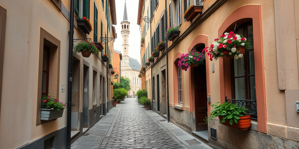 Charming European alleyway, with cobblestones underfoot, flower boxes hanging from windows, and the sound of distant church bells ringing.