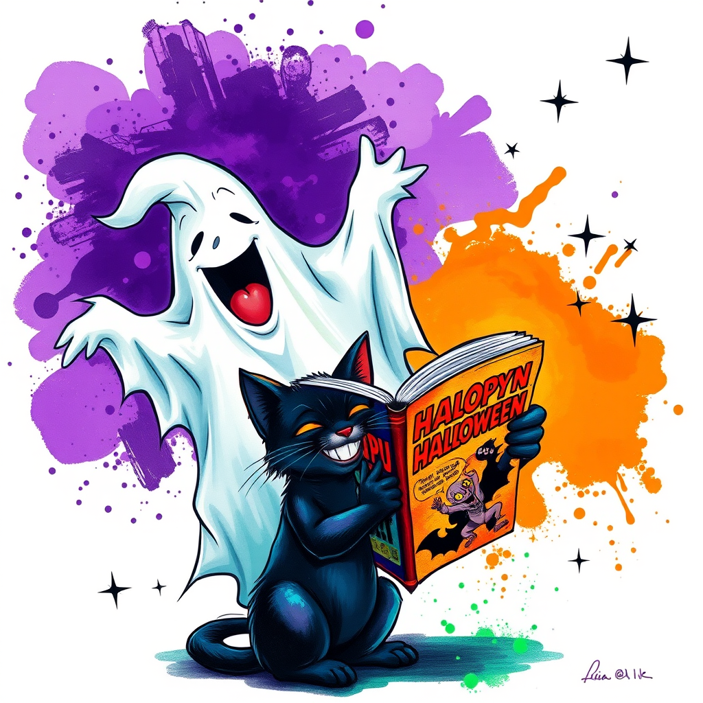 Image of a ghost and a black cat laughing exaggeratedly , and reading a comic halloween comic book, alcohol ink airbrush style, funny halloween theme, white background with neon purple, neon orange, neon green splash, black sparkles stars , dazzling BG