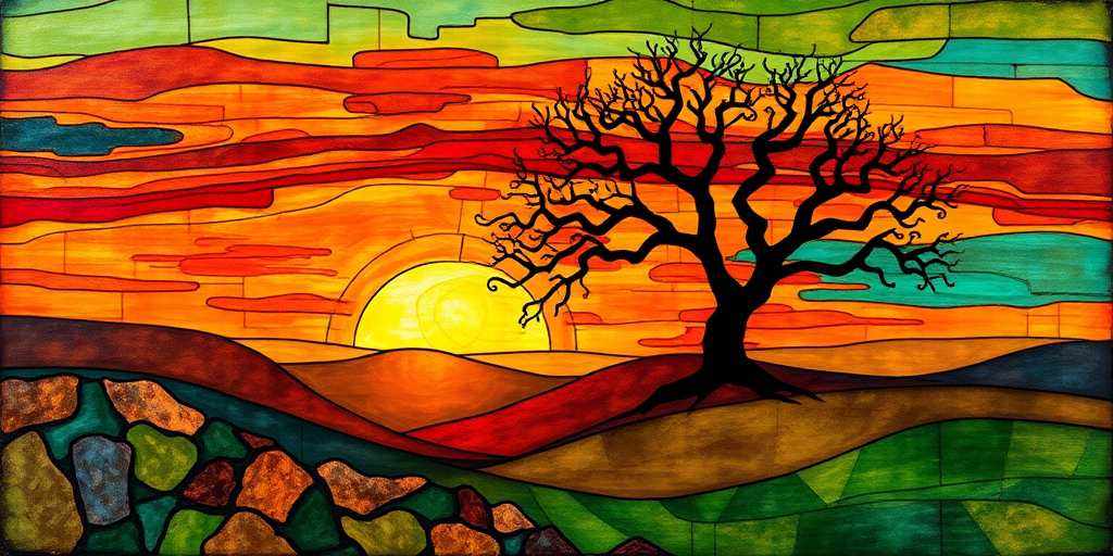 A vibrant abstract painting on Tiffany Glass, blending acrylic and alcohol ink techniques, captures a dramatic sunset over rolling hills. The artwork features a textured, rocky foreground in green and brown, layered abstract hills, and a striking sunset in rich oranges, yellows, and reds. A solitary black tree with intricate branches contrasts against the fiery sky, creating a dynamic and expressive portrayal of a breathtaking natural scene.