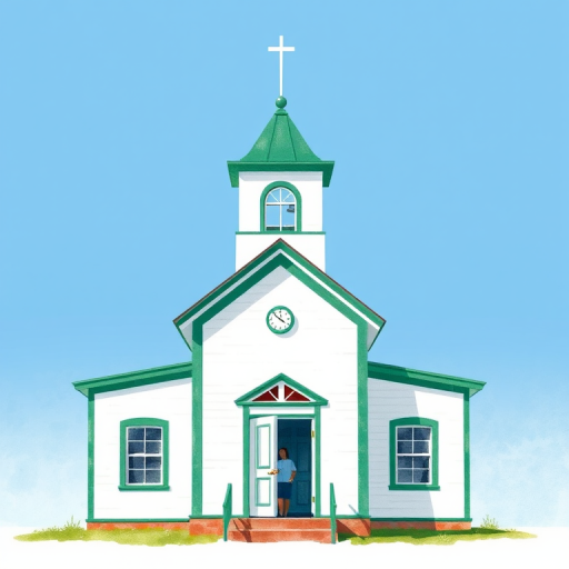 Create an illustration of a small white schoolhouse with green trim and a bell tower, a person standing in the doorway, bright blue sky in the background, watercolor style, shot with a DSLR camera at f/8 aperture, 50mm lens, 1/200 sec shutter speed, natural lighting.