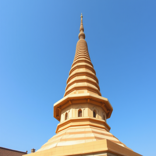 Create a detailed illustration of a pagoda-style stupa with intricate layers and a pointed spire, capturing it from a low angle to emphasize height, using a DSLR camera with a 35mm lens, aperture set at f/8, ISO 200, in bright daylight for clarity and sharpness.