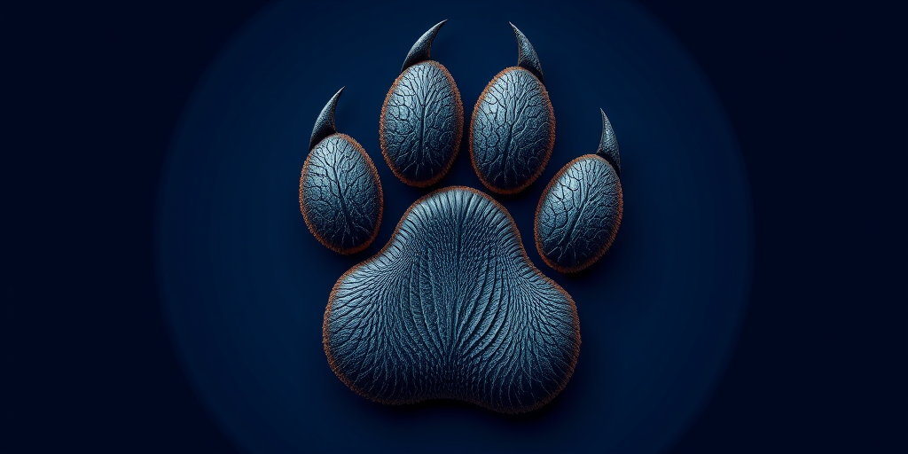 Create a highly detailed illustration of an animal paw print with a textured, realistic design against a deep blue circular background, using a DSLR camera at f/2.8, 50mm lens, ISO 100, and a shallow depth of field for enhanced clarity and sharpness.