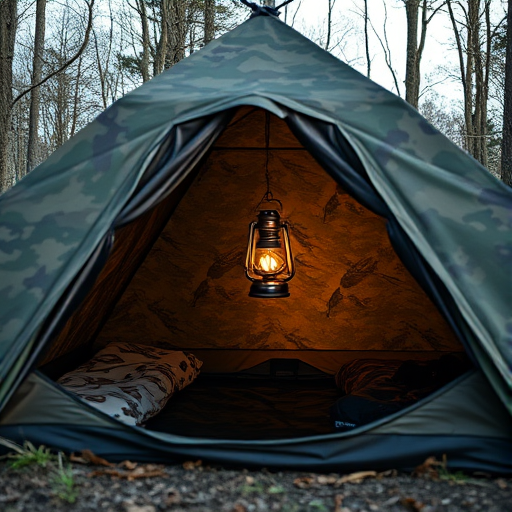 Generate a high-quality image of a camouflage tent with the interior lit by a lantern, shot with a 50mm lens at f/2.8 aperture, ISO 200, in natural daylight, from a slightly elevated angle using a DSLR camera.