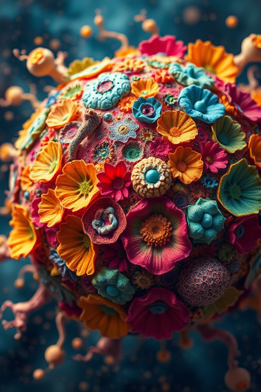 Generate an abstract, vibrant planet filled with intricate organic shapes and textures, showcasing a rich diversity of colors and forms, captured with a DSLR camera at f/2.8, 35mm lens, ISO 100, and a macro view to enhance detail and clarity.