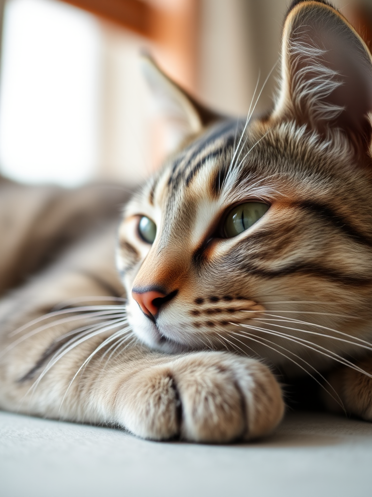 Close-up shot of a resting gray tabby cat with a soft focus background, 50mm lens, aperture f/1.8, ISO 200, natural light, low angle, DSLR camera.
