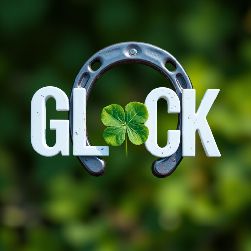 Create an image of the word GLOCK with a horseshoe integrated into the design, featuring a four-leaf clover inside the horseshoe, shot with a Canon EOS 5D Mark IV at f/2.8, 1/200s, ISO 100, using a shallow depth of field and natural lighting for a clean, vibrant look.