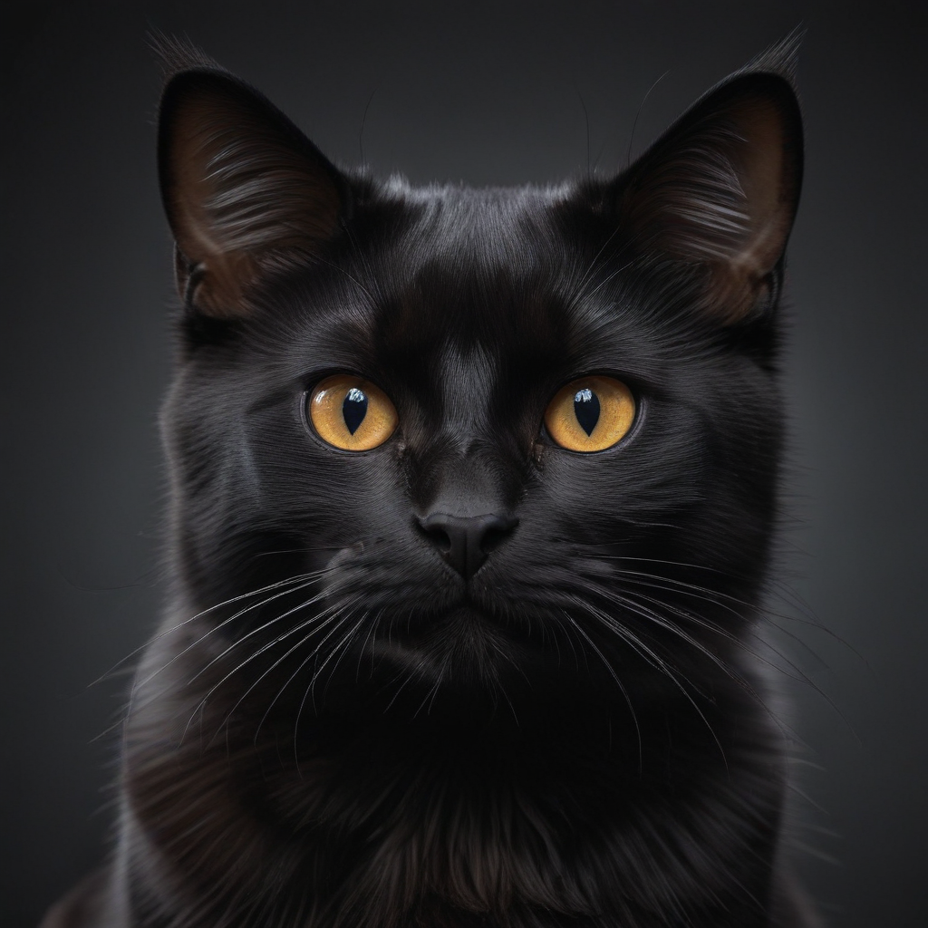 A Majestic Black Cat with Striking Yellow Eyes Against a Dark Background.