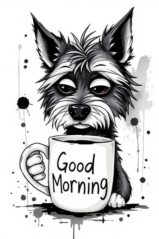 A quirky, artistic illustration of a disheveled bossie dog breed with exaggerated, large eyes and spiky fur, holding a coffee mug that reads "Good Morning". The dog has a tired but humorous expression, with ink splatters and abstract details surrounding it, giving a whimsical feel to the image. The color palette is mostly monochrome with hints of black in the eyes and steam rising from the mug, enhancing the overall sleepy vibe