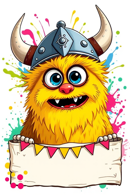 Create a vibrant illustration of a cartoon monster with a yellow fluffy body and big blue eyes wearing a Viking helmet, incorporating colorful splash elements and a blank rustic banner with festive bunting, captured in high resolution with a Canon EOS R5, 50mm lens, f/2.8 aperture, and natural lighting to enhance colors and details.
