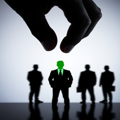 Create an image of a large black hand selecting a small green silhouette of a businessman from a line of four black silhouettes, using a DSLR camera with a 50mm lens, aperture f/2.8, ISO 100, and a shallow depth of field to enhance clarity and focus on the hand and the green silhouette.