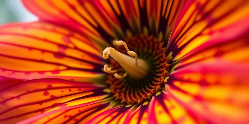 Close-up shot of a vibrant flower with intricate patterns, using a macro lens at f/2.8, ISO 100, 1/200 sec, natural lighting, low angle view, DSLR camera.