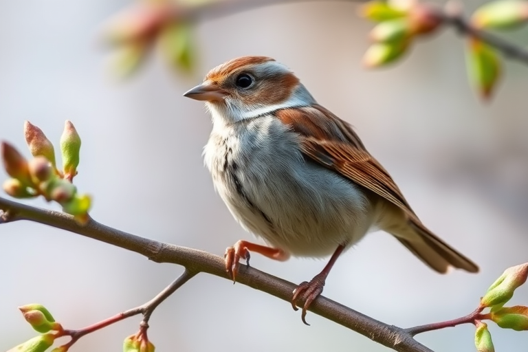Capture a close-up of a tree sparrow perched on a branch with fresh leaves, using a DSLR camera, 85mm lens, f/4 aperture, 1/250 sec shutter speed, ISO 200, natural light, shallow depth of field to enhance detail and clarity.