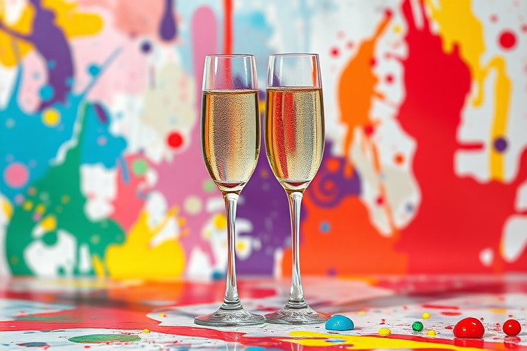 Create a vibrant abstract illustration of two champagne flutes in a colorful setting with splashes of paint, using a Canon EOS R5 with a 50mm f/1.2 lens, aperture set to f/2.8, ISO 100, in natural light, capturing a bright and cheerful atmosphere.
