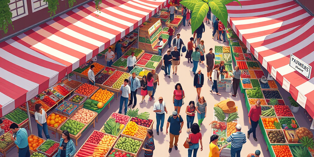 A vibrant illustration of a busy farmers market with colorful stalls selling fruits and vegetables, diverse people shopping and interacting, camera settings at f/8, ISO 100, shutter speed 1/250 sec, aerial view, digital illustration style, high-resolution quality.