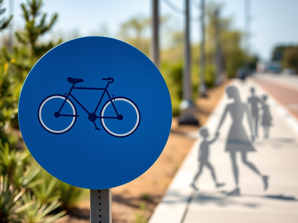 Create an image of a blue circular sign with a bicycle icon on the left side and a stylized figure of a woman holding a child's hand on the right side, captured with a DSLR camera at f/8 aperture, 1/250 shutter speed, ISO 100, in a bright outdoor setting.
