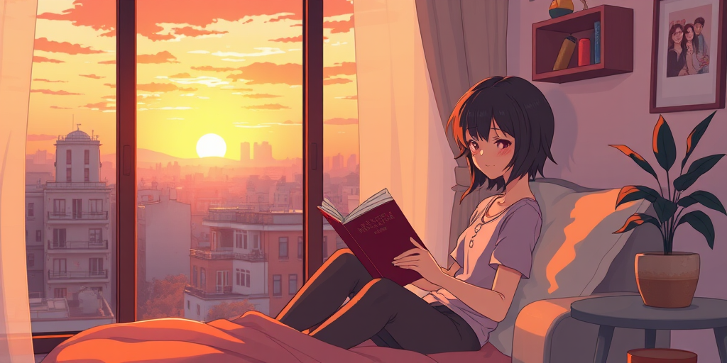 Create an anime-style illustration of a person reading in a cozy apartment with a sunset view, featuring warm colors and detailed urban scenery outside, shot with a Canon EOS R5 at f/1.8, ISO 100, 50mm lens, using soft lighting and a cinematic perspective.