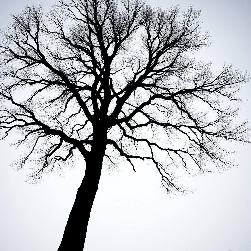 Create a high-resolution image of a minimalist tree silhouette with a smooth and clean design, using a DSLR camera with a 50mm lens, aperture set to f/2.8, ISO 100, shot at a low angle to emphasize the trunk and canopy, with natural backlighting to enhance contrast and detail.