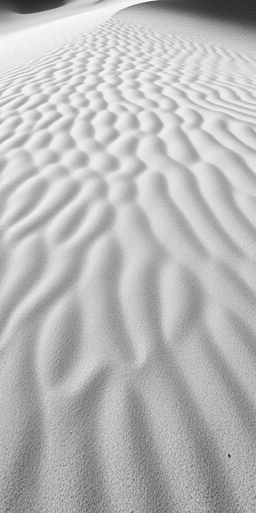Capture the intricate patterns of sand dunes in black and white, using a high-resolution DSLR camera with a 50mm lens, aperture set to f/8 for depth of field, ISO 200 for reduced noise, and a shutter speed of 1/125s in natural lighting to enhance texture and contrast.