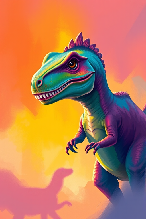 create a vibrant digital illustration of a dinosaur in a dynamic pose, using a Canon EOS 5D Mark IV with a 50mm f/1.8 lens, at f/4, ISO 100, and a slight vignette effect for depth, emphasizing bright colors and smooth brush strokes with a soft focus background
