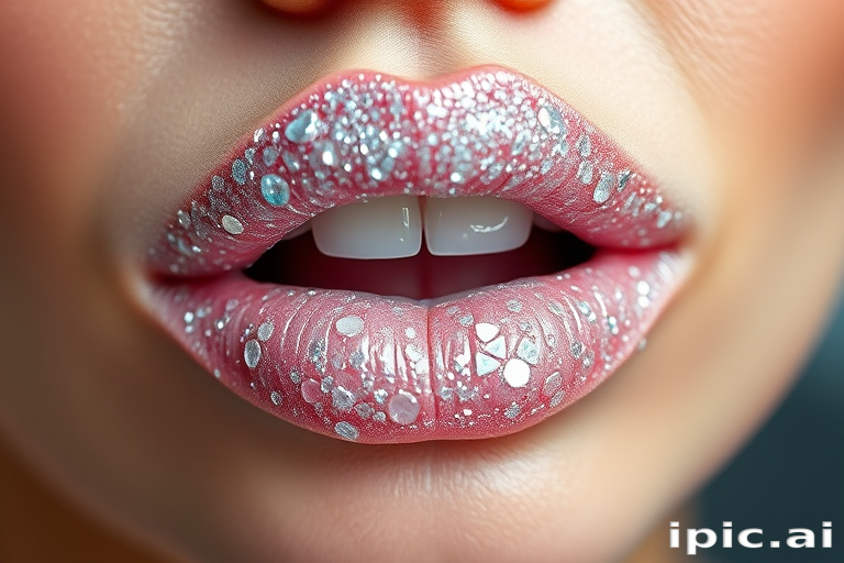Dazzling "Diamond Dew" lip style features a clear base packed with multi-sized, colorless glitter particles, creating a stunning, light-reflecting effect that mimics precious gems