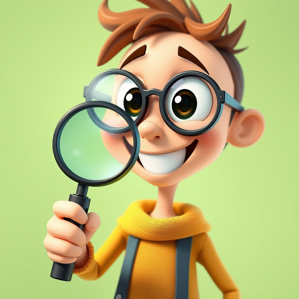 create a cartoon character holding a magnifying glass, smiling broadly with an illustrated style, use a soft focus lens, aperture f/4, ISO 200, 35mm focal length, shot in natural light, use a digital camera, emphasize a pastel green background to enhance character details and clarity