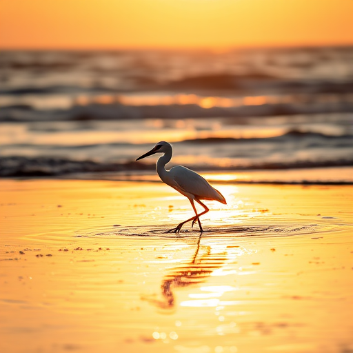 Capturing a solitary white heron wading through shallow water at the edge of a serene beach during golden hour, using a full-frame DSLR camera with a 70-200mm lens, aperture set to f/4 for depth of field, shutter speed at 1/500s to freeze motion, ISO 200 for image clarity, with a slight zoom and side angle view to enhance the composition.