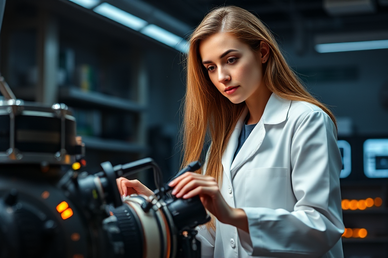 Create a high-resolution image of a confident female scientist with long hair in a white lab coat, working on a futuristic machine with glowing elements in a dimly lit laboratory, using a DSLR camera with a 50mm lens, aperture set to f/1.8, ISO 200, and a shallow depth of field to enhance focus on the subject and background blur.