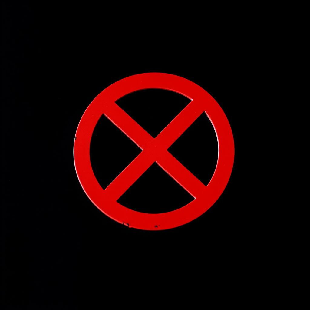 Create a high-resolution image of a red prohibition symbol on a black background, using a DSLR camera with a 50mm lens, aperture f/2.8, ISO 100, and a shallow depth of field to enhance clarity and focus on the symbol.