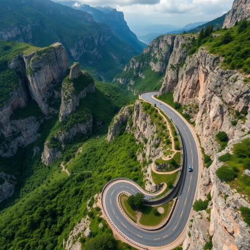 aerial view of a winding mountain road with dramatic rocky cliffs and lush greenery, captured with a Canon EOS 5D Mark IV at f/8, ISO 100, 1/200 sec, using a wide-angle lens to enhance depth and detail