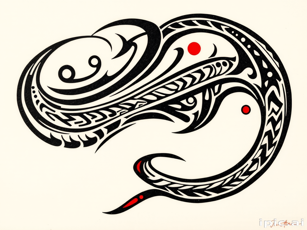 Tribal tattoo "Ancient Echoes" featuring bold, sweeping black lines and intricate patterns inspired by Polynesian and Maori designs, with subtle red accents for added depth and contrast