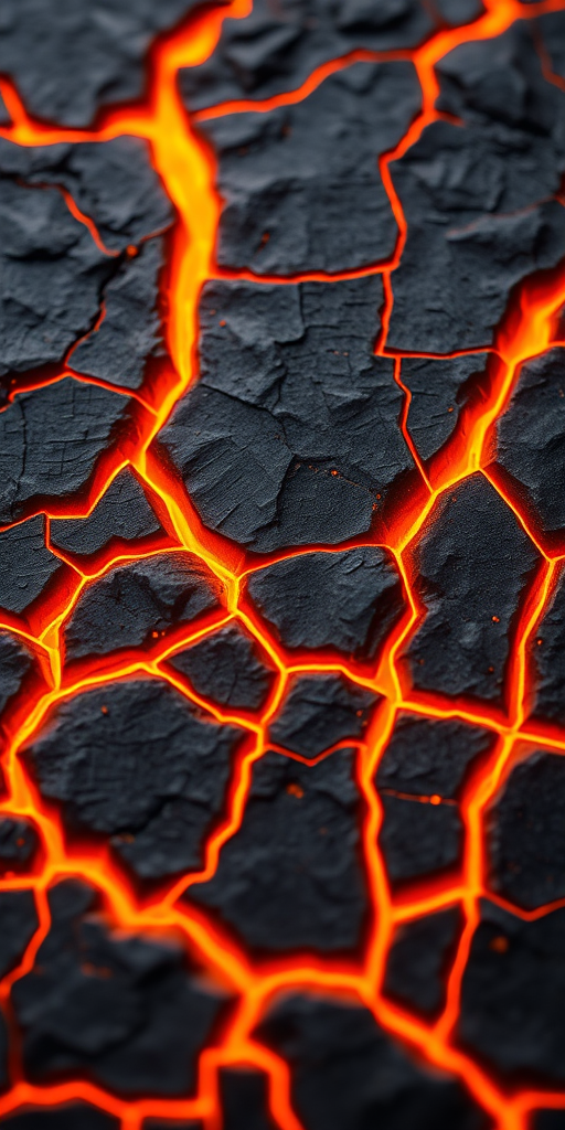 high-resolution image of a cracked surface resembling volcanic rock with glowing orange lines, macro shot, f/2.8 aperture, ISO 100, shutter speed 1/250s, taken with a DSLR camera from a top-down perspective