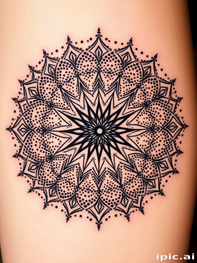 Dotwork mandala tattoo named "Cosmic Harmony" featuring an intricately detailed circular design composed of thousands of tiny dots radiating outward from a central point creating mesmerizing patterns and sacred geometry motifs with gradual fading effects and negative space incorporated to enhance the overall depth and dimension of the piece