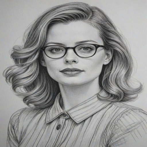 Elegant Gillian Jacobs, pencil sketch, portrait of Dazzling woman 1944s in glasses, hair style beatnik, outline, clear lines, fine lines, 8k