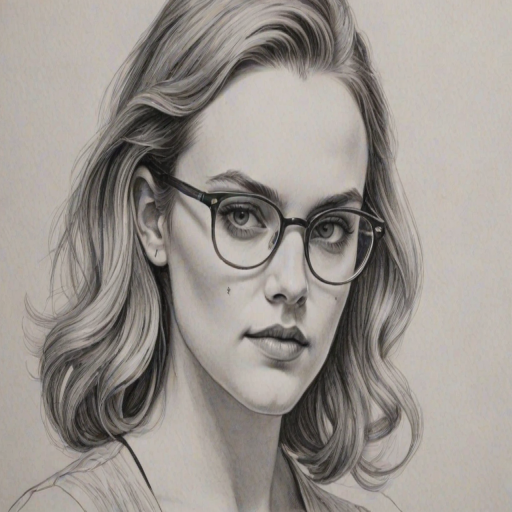 Resplendent Madeline Brewer, pencil sketch, portrait of Gorgeous woman 1935s in glasses, hair style beatnik, outline, clear lines, fine lines, 8k