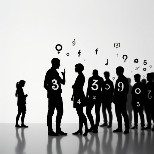 Create a high-resolution abstract image of black and white silhouetted human figures with stylized numbers and symbols intertwined, using a Canon EOS R5 with an 85mm f/1.2 lens, shot at f/2.8, ISO 100, and a shutter speed of 1/200s, in a vertical composition with soft diffused lighting to enhance texture and depth.
