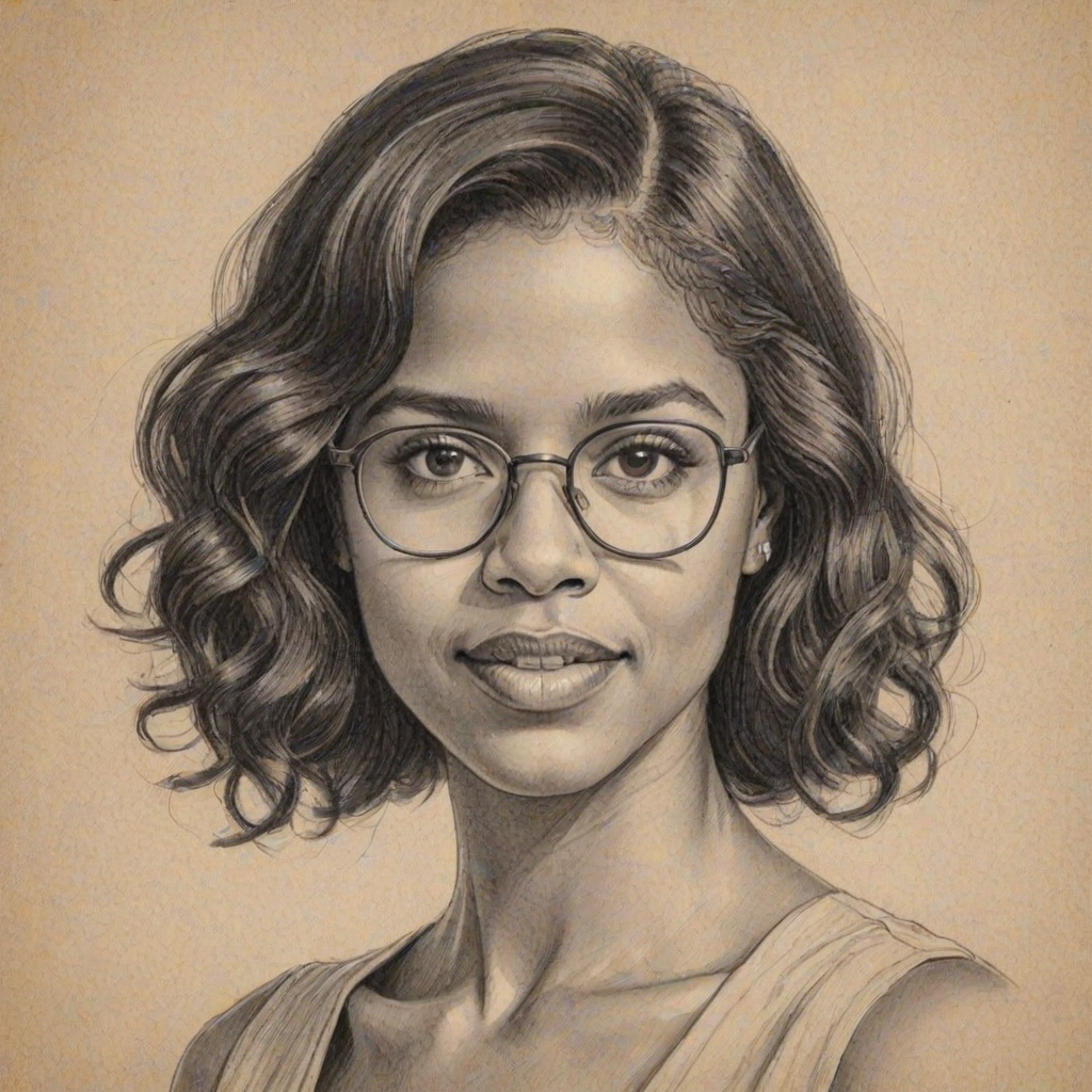 Enticing Ren'e Elise Goldsberry, pencil sketch, portrait of Enticing woman 1924s in glasses, hair style beatnik, outline, clear lines, fine lines, 8k