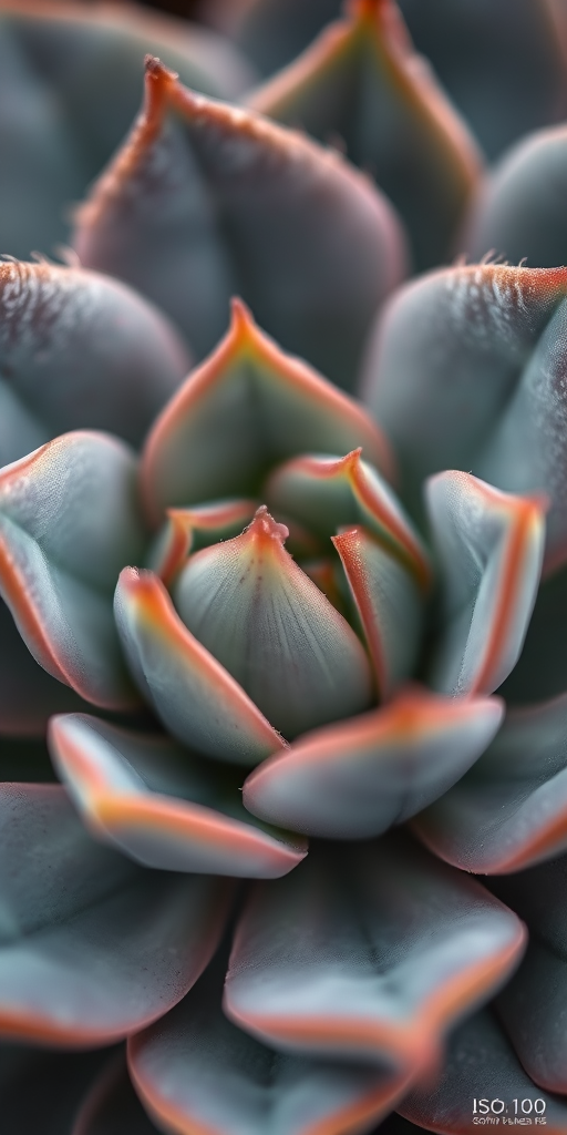 close-up of succulent leaves with intricate textures and patterns, soft natural lighting, shallow depth of field, ISO 100, f/4, 50mm lens, macro photography, DSLR camera