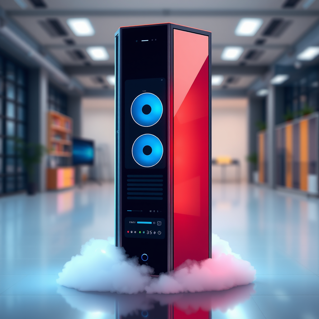 Create a high-resolution digital illustration of a computer tower in a modern style, with a soft cloud near the base, captured with a DSLR camera at f/2.8, ISO 100, 50mm lens, in a well-lit indoor setting with a slightly blurred background for depth.