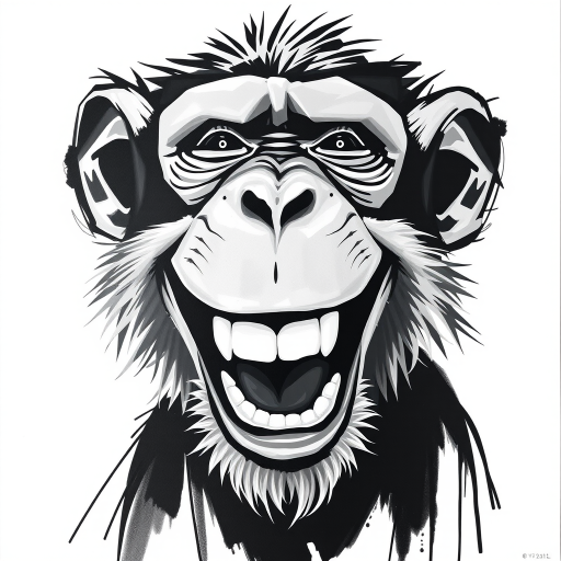 Abstract black and white acrylic portrait of an over exaggerated laughing (monkey). Minimalism style. White background.