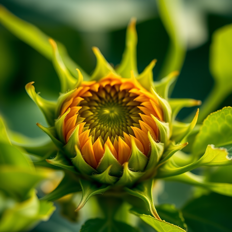 macro shot of a sunflower bud surrounded by green leaves, 50mm lens, f/2.8 aperture, ISO 100, natural light, shallow depth of field, DSLR camera