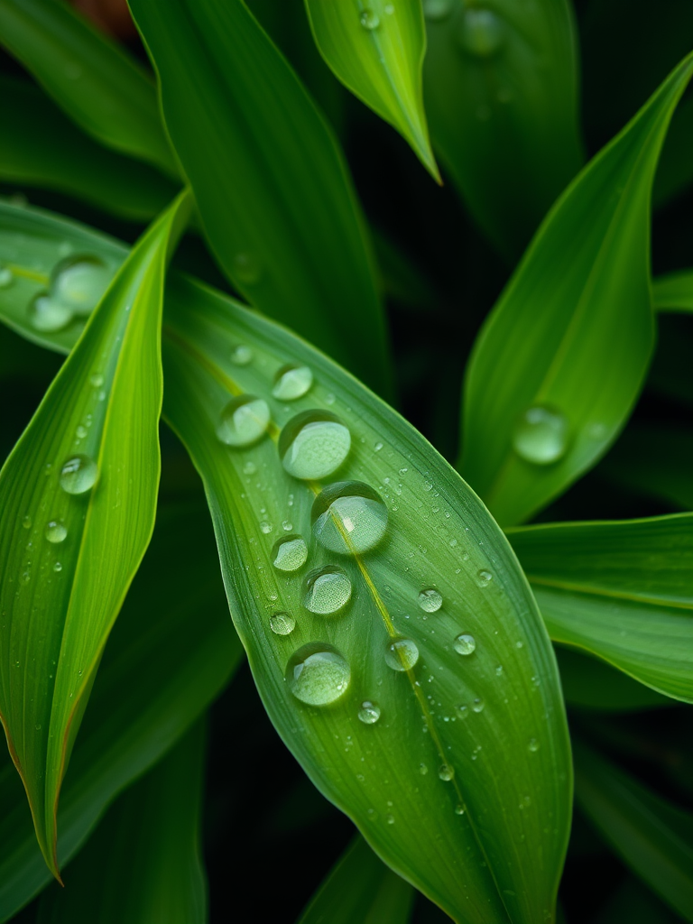 close-up shot of lush green leaves with water droplets, ISO 100, f/2.8 aperture, 50mm lens, natural light, top-down view, macro photography, DSLR camera, 24 MP resolution