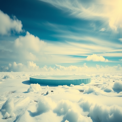 Create a serene landscape of a circular ice platform surrounded by fluffy clouds in a bright sky, captured with a DSLR camera, aperture f/8, ISO 100, shutter speed 1/200s, using a wide-angle lens for an expansive view and high dynamic range imaging.