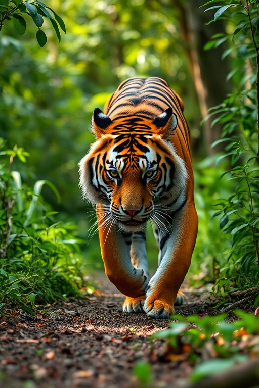 tiger walking in a lush green forest, captured with a Canon EOS R5, 85mm lens, f/2.8 aperture, ISO 200, low angle view, natural lighting, vibrant colors and high detail for enhanced image quality